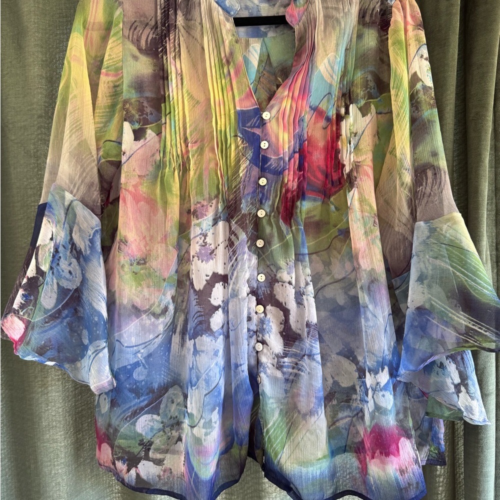 Studio Blue Boxy Blouse with Bell Sleeves